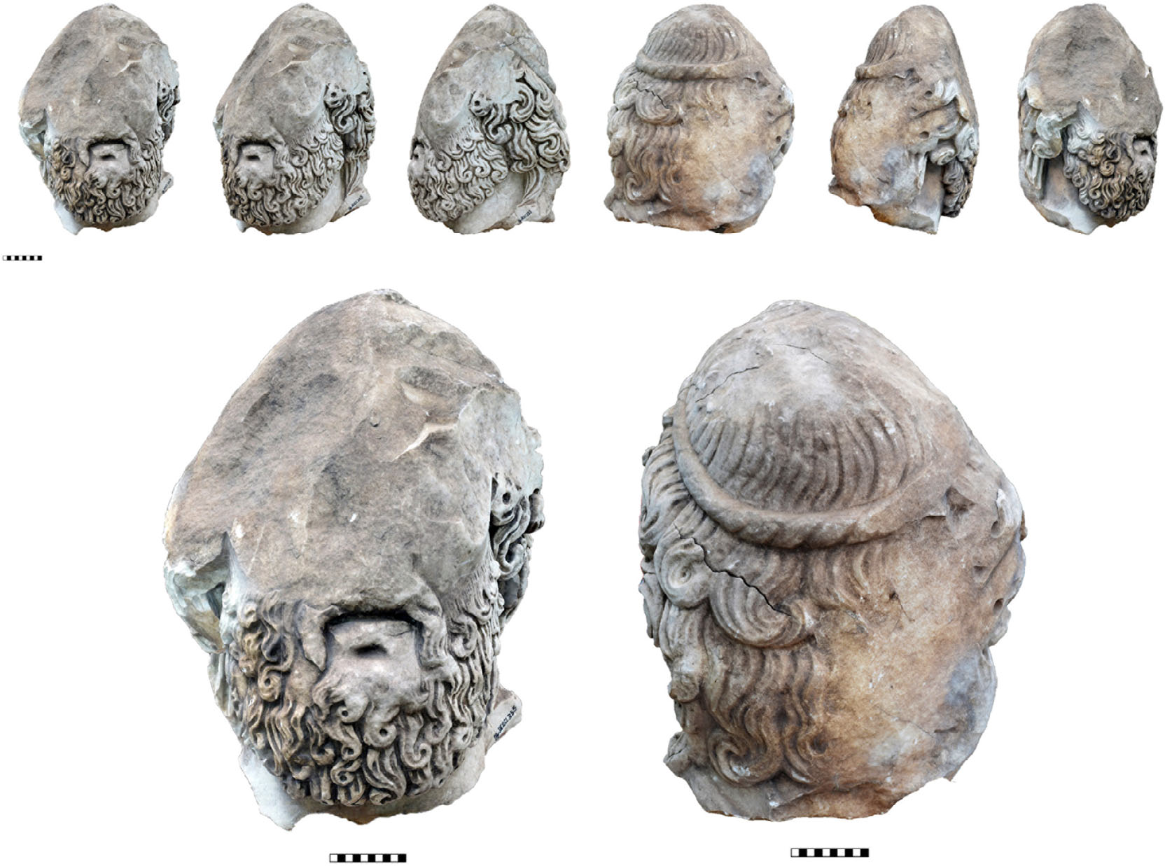 Multiple views of a reconstructed Zeus head